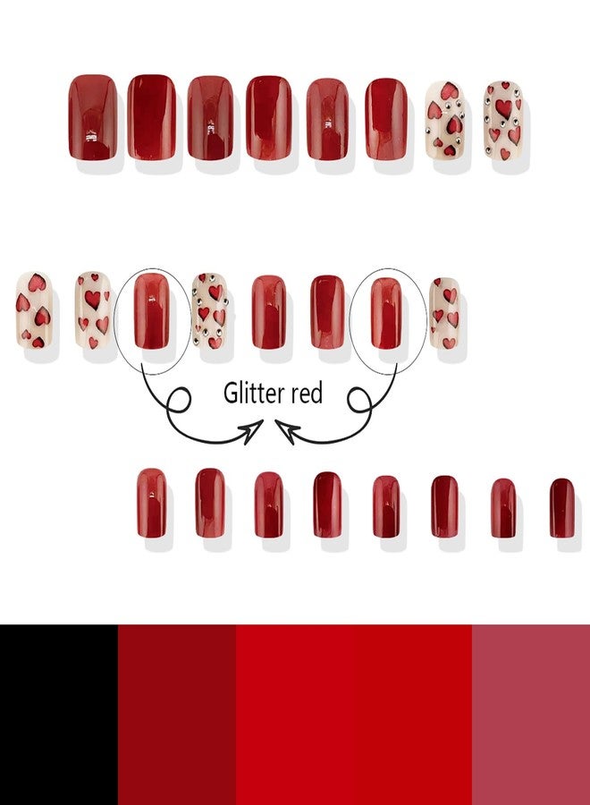 GRITOSE 24Pcs Valentine’s Day Glitter Press on Nails Square Medium Fake Nails with Glue Red Full Cover Nails Press ons Valentines Heart False Nails with Rhinestone Design Artificial Stick on Nail for Women - Image 3